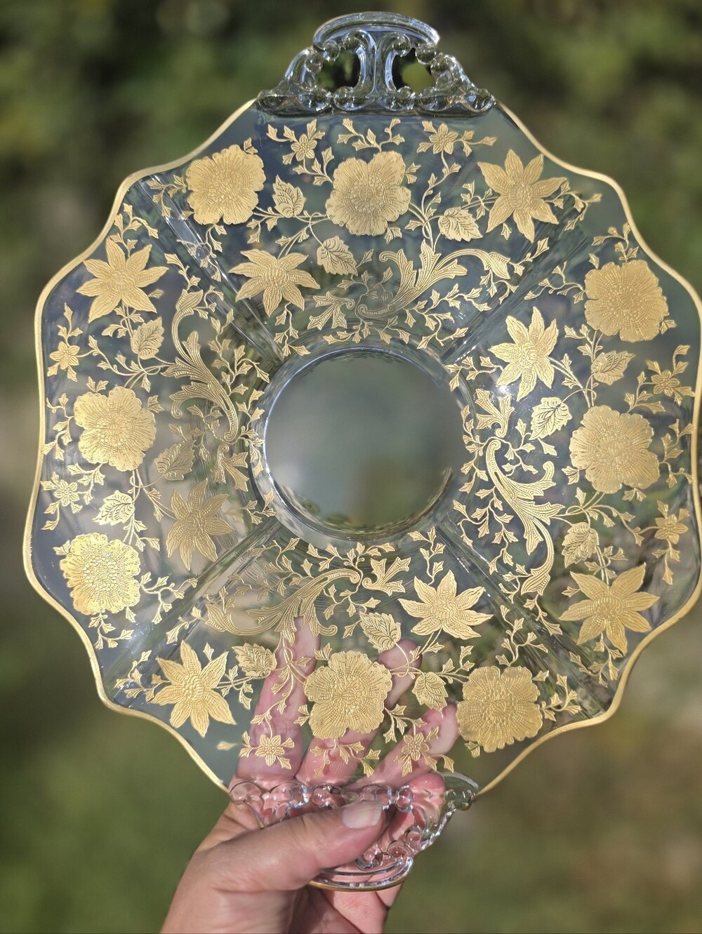 Vintage 1930s Cambridge Glass Wildflower Gold Encrusted 2-Handled Platter